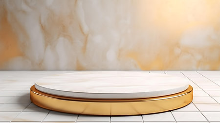 Luxury Studio Background for Product Presentation. Light Marble Showroom with a round gold podiumの素材