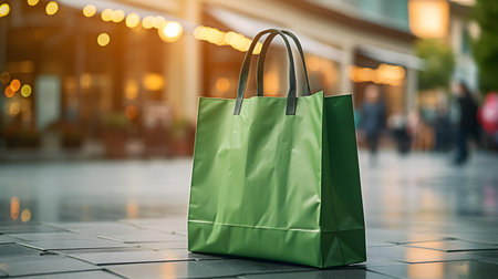 Green shopping bag in front of a blurred mall background. Template for sales and auctionsの素材