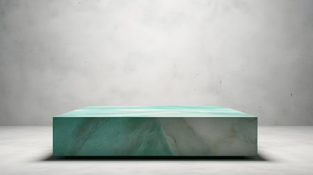 Luxury Studio Background for Product Presentation. Light marble showroom with a square emerald podiumの素材