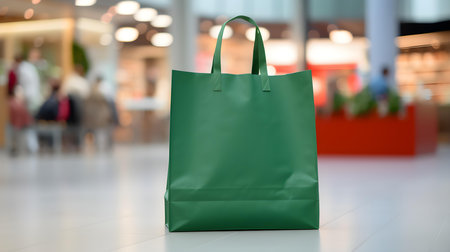 Green shopping bag in front of a blurred mall background. Template for sales and auctionsの素材