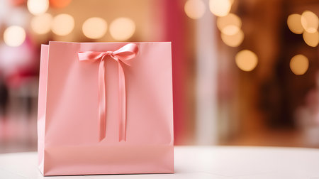 Close up of a light pink shopping bag in front of a blurred festive background. Template for sales and auctionsの素材