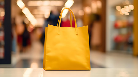 Light Yellow Shopping Bag in front of a blurred Mall Background. Template for sales and auctionsの素材