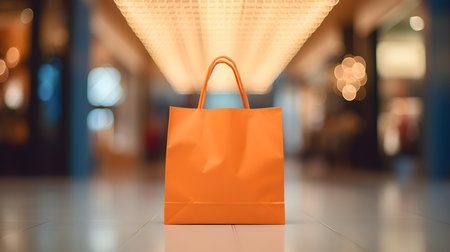Light Orange Shopping Bag in front of a blurred Mall Background. Template for sales and auctionsの素材