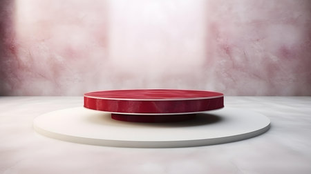 Luxury Studio Background for Product Presentation. Light Marble Showroom with a round ruby podiumの素材