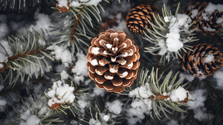 Top View of a Pine Cone in the Snow. Beautiful Winter Backgroundの素材