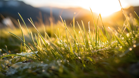 Close up of green grasses in the mountains. Beautiful natural backgroundの素材