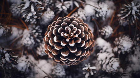 Top View of a Pine Cone in the Snow. Beautiful Winter Backgroundの素材