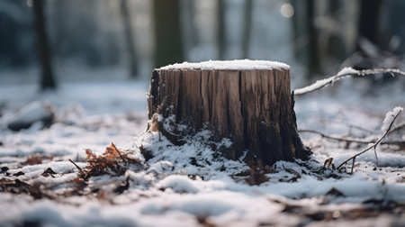 Close up of a snowy tree stump in a forest. Beautiful natural backgroundの素材