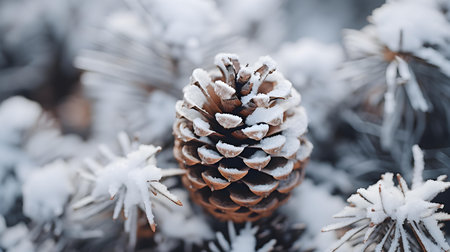 Top View of a Pine Cone in the Snow. Beautiful Winter Backgroundの素材