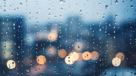 Close up of Rain Drops on a Window. Blurred City Lights Backgroundの素材