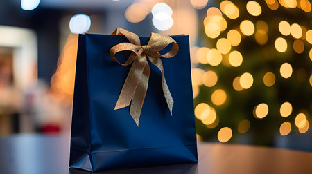 Close up of a navy blue shopping bag in front of a blurred festive background. Template for sales and auctionsの素材
