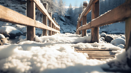 Close up of a snowy bridge in the mountains. Beautiful natural backgroundの素材