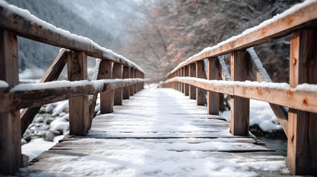 Close up of a snowy bridge in the mountains. Beautiful natural backgroundの素材