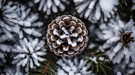 Top View of a Pine Cone in the Snow. Beautiful Winter Backgroundの素材