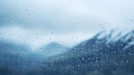 Close up of Rain Drops on a Window. Blurred Snow Landscape Backgroundの素材