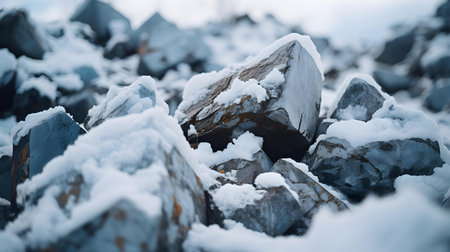 Close up of snowy stones in the mountains. Beautiful natural backgroundの素材