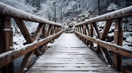 Close up of a snowy bridge in the mountains. Beautiful natural backgroundの素材