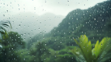 Close up of Rain Drops on a Window. Blurred Forest Backgroundの素材