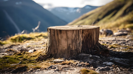 Close up of a tree stump in the mountains. Beautiful natural backgroundの素材