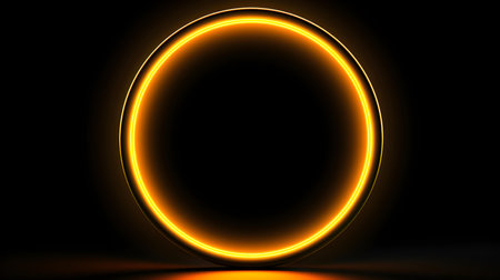 Yellow Neon Light Circle on a black background. Futuristic Template for Product Presentationの素材