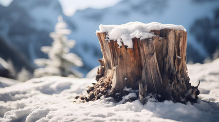 Close up of a snowy tree stump in the mountains. Beautiful natural backgroundの素材