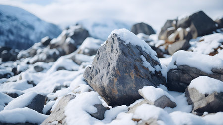 Close up of snowy stones in the mountains. Beautiful natural backgroundの素材