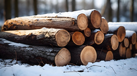 Stack of Wood Logs in the Snow. Natural winter backgroundの素材