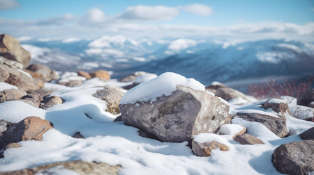 Close up of snowy stones in the mountains. Beautiful natural backgroundの素材