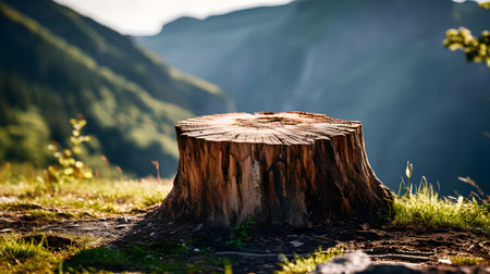 Close up of a tree stump in the mountains. Beautiful natural backgroundの素材