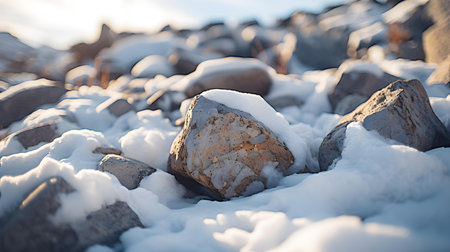 Close up of snowy stones in the mountains. Beautiful natural backgroundの素材