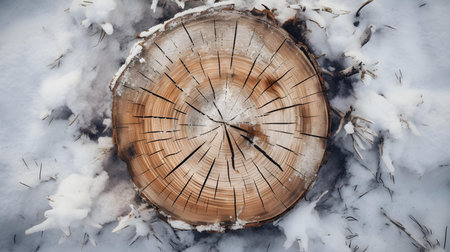 Top View of a Tree Stump in the Snow. Beautiful winter backgroundの素材