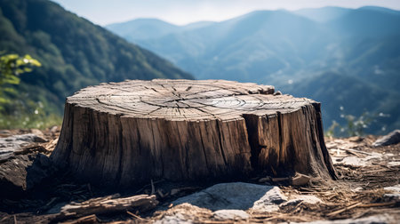 Close up of a tree stump in the mountains. Beautiful natural backgroundの素材