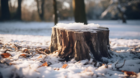 Close up of a snowy tree stump in a forest. Beautiful natural backgroundの素材