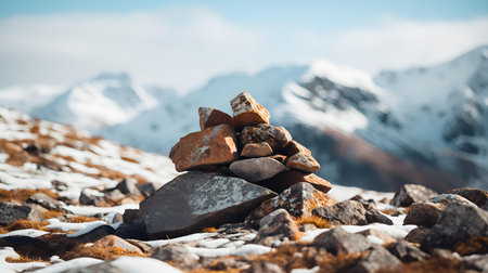 Close up of snowy stones in the mountains. Beautiful natural backgroundの素材