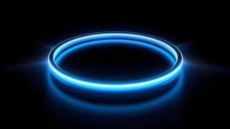 Sky Blue Neon Light Circle on a black background. Futuristic Template for Product Presentationの素材