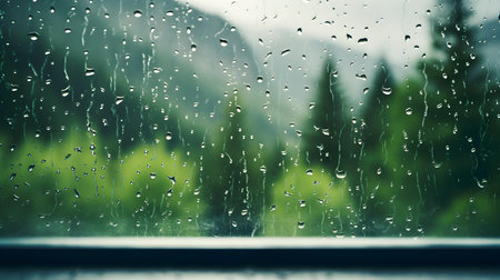 Close up of Rain Drops on a Window. Blurred Forest Backgroundの素材