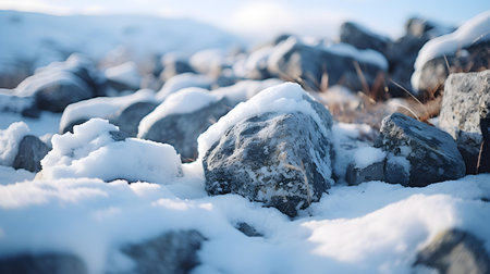 Close up of snowy stones in the mountains. Beautiful natural backgroundの素材
