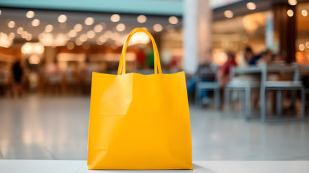 Yellow shopping bag in front of a blurred mall background. Template for sales and auctionsの素材