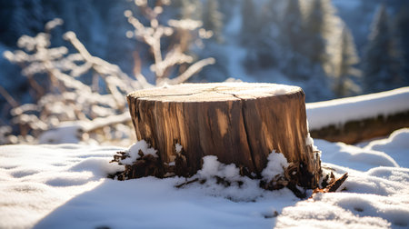 Close up of a snowy tree stump in the mountains. Beautiful natural backgroundの素材