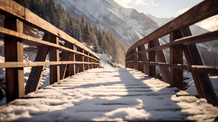 Close up of a snowy bridge in the mountains. Beautiful natural backgroundの素材
