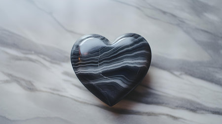 Top view of an anthracite heart on a white marble background. Romantic backdrop with copy spaceの素材