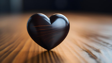Close up of a black heart on a wooden table. Blurred Backgroundの素材