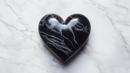 Top view of a black heart on a white marble background. Romantic backdrop with copy spaceの素材