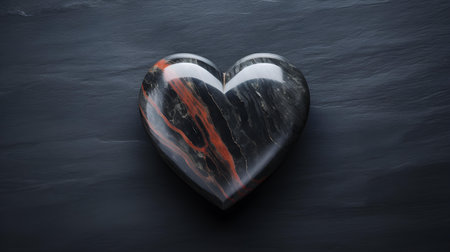 Top view of a black heart on a black marble background. Romantic backdrop with copy spaceの素材