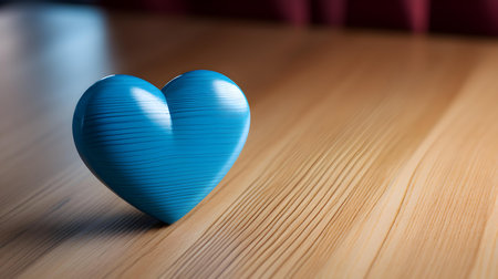 Close up of a blue heart on a wooden table. Blurred Backgroundの素材