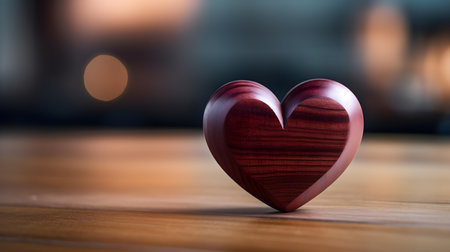 Close up of a burgundy heart on a wooden table. Blurred Backgroundの素材