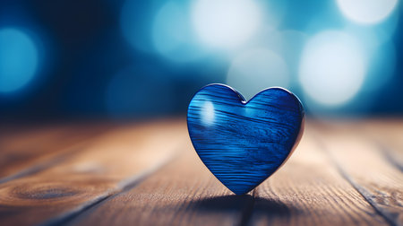 Close up of a blue heart on a wooden table. Blurred Backgroundの素材