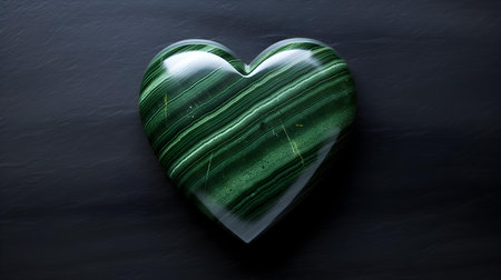 Top view of a green heart on a black marble background. Romantic backdrop with copy spaceの素材