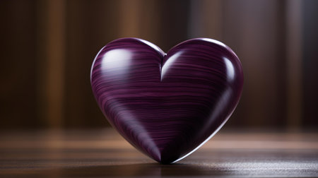 Close up of a dark purple heart on a wooden table. Blurred Backgroundの素材