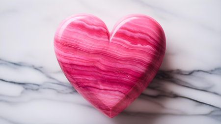Top view of a hot pink heart on a white marble background. Romantic backdrop with copy spaceの素材